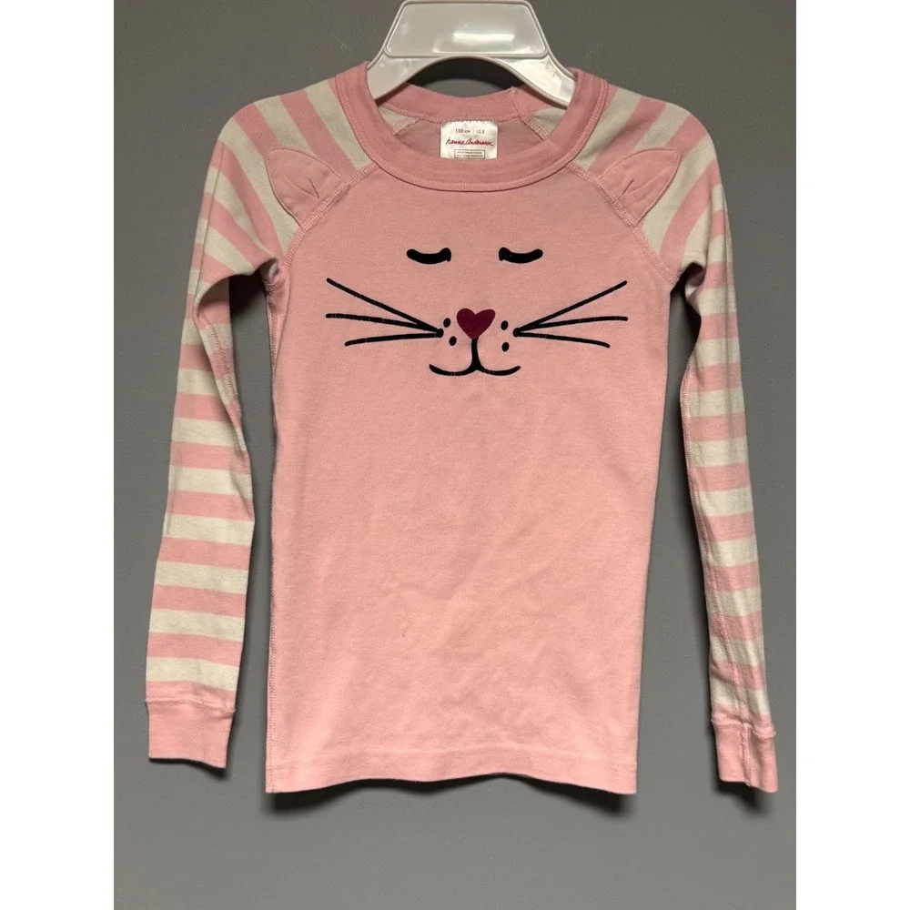 Hanna Andersson Girls Pink Cat Face Pajama Top Organic Cotton Striped Size 8 130